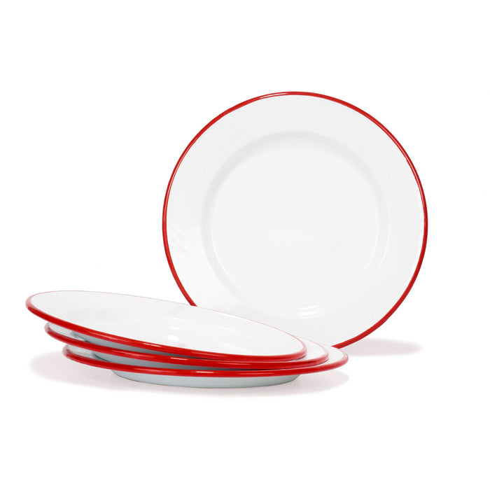 Red Co. Set of 4 Enamelware Metal Classic 10" Round Dinner Plate, Solid White/Colored Rim