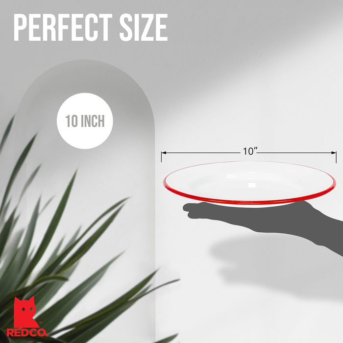 Red Co. Set of 4 Enamelware Metal Classic 10" Round Dinner Plate, Solid White/Color Rim