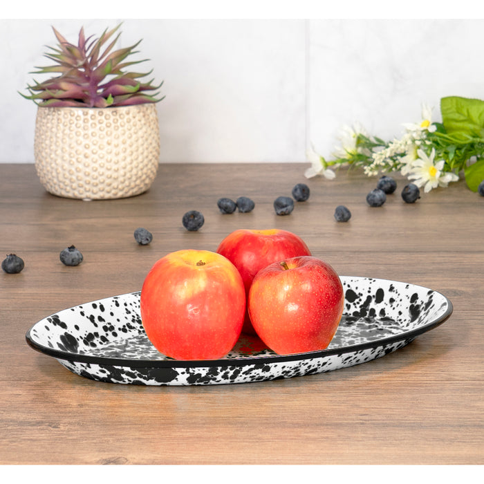 Red Co. Enamelware Metal Classic 13" Serving Oval Tray Platter, Marble/Black Rim - Splatter Design