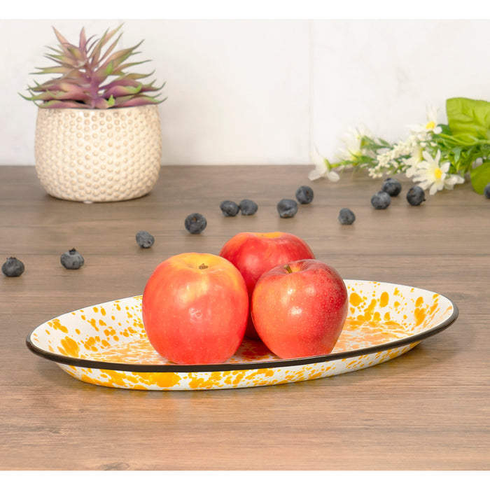 Red Co. Enamelware Metal Classic 13" Serving Oval Tray Platter, Marble/Black Rim - Splatter Design