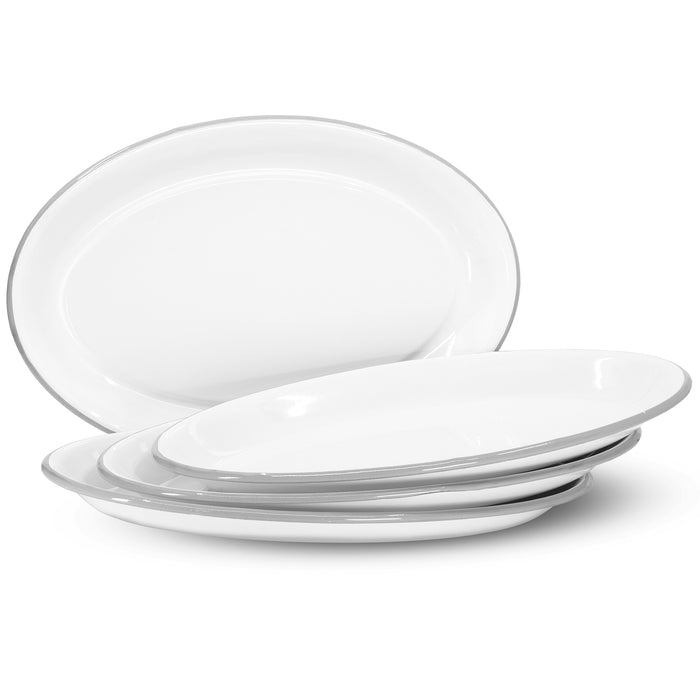 Red Co. Set of 4 Enamelware Metal Classic 13" Serving Oval Tray Platter, Solid White/Colored Rim