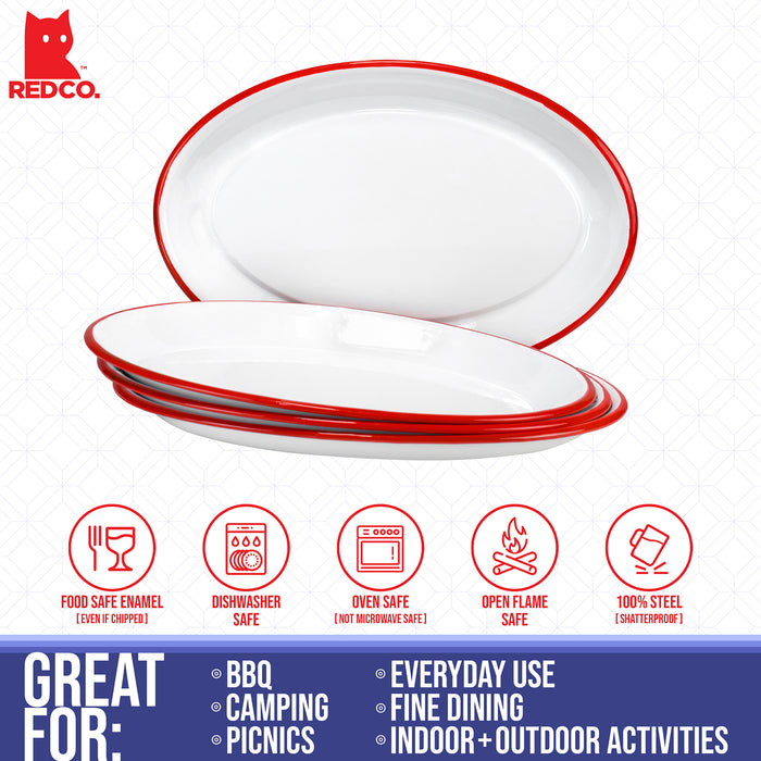 Red Co. Set of 4 Enamelware Metal Classic 13" Serving Oval Tray Platter, Solid White/Colored Rim