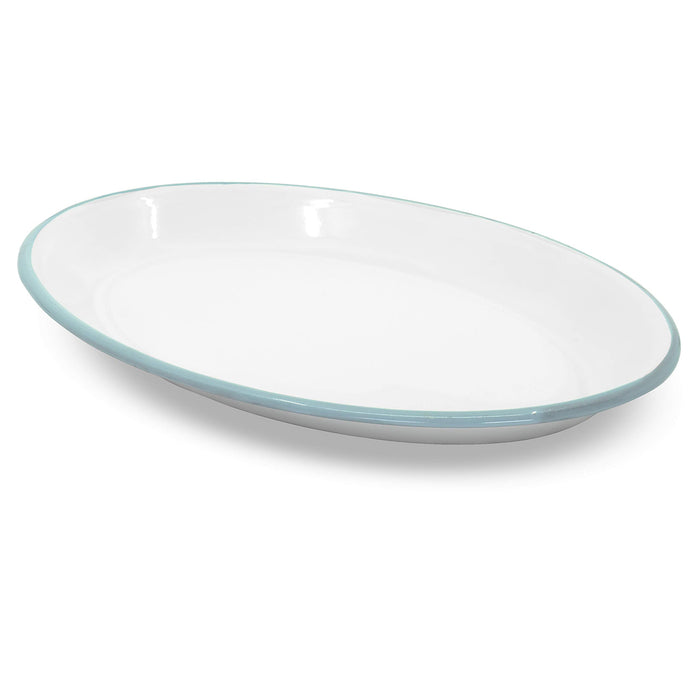 Red Co. Enamelware Metal Classic 13" Serving Oval Tray Platter, Solid White/Color Rim