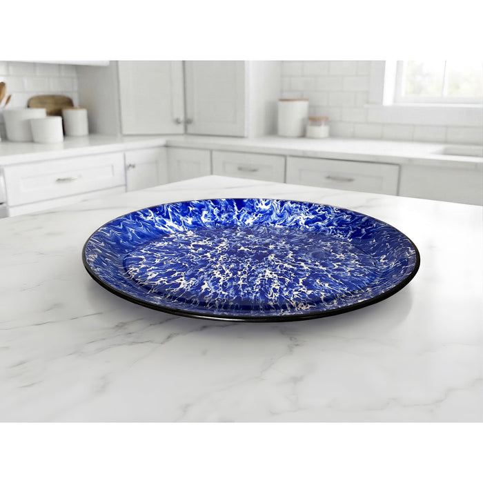 Red Co. Set of 4 Enamelware Metal Classic 13" Serving Oval Tray Platter, Navy Blue Marble/Black Rim - Splatter Design