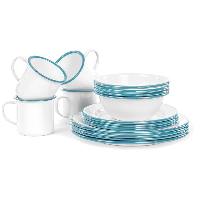 Red Co. 16-Piece Enamelware Metal Dinnerware Set for 4, White/Color Rim