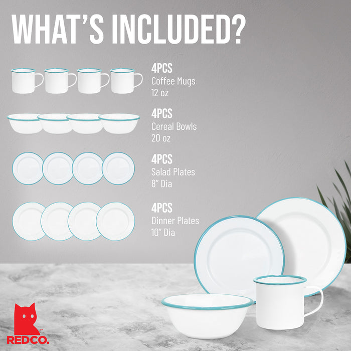 Red Co. 16-Piece Enamelware Metal Dinnerware Set for 4, White/Color Rim