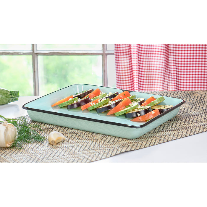 Red Co. 11 x 9 Enamelware Metal Classic 2 Quart Rectangular Serving Tray, Distressed/Black Rim