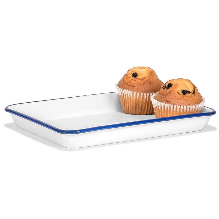 Red Co. 11" x 9" Enamelware Metal Classic 2 Quart Rectangular Serving Tray, Solid White/Color Rim