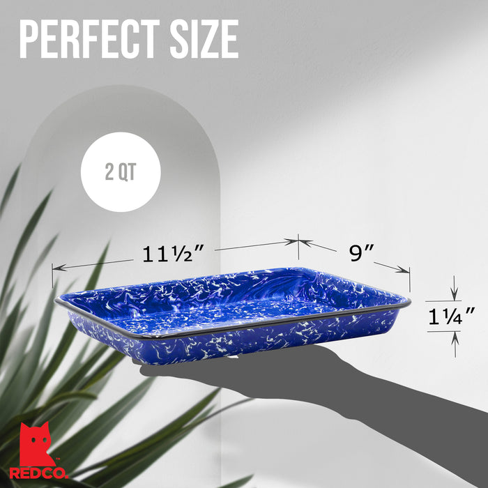Red Co. 11" x 9" Enamelware Metal Classic 2 Quart Rectangular Serving Tray, Navy Blue Marble/Black Rim - Splatter Design