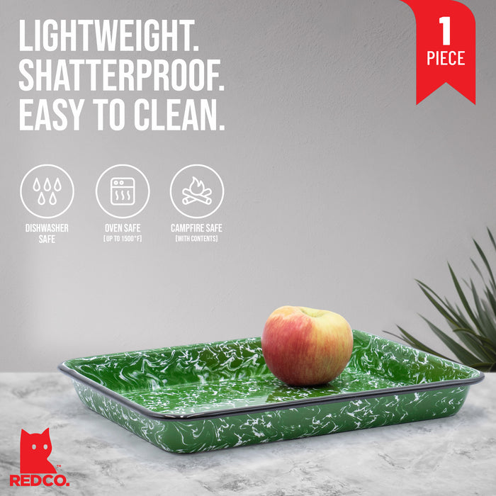 Red Co. 11" x 9" Enamelware Metal Classic 2 Quart Rectangular Serving Tray, Dark Green Marble/Black Rim - Splatter Design