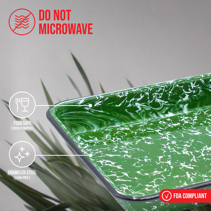 Red Co. 11" x 9" Enamelware Metal Classic 2 Quart Rectangular Serving Tray, Dark Green Marble/Black Rim - Splatter Design