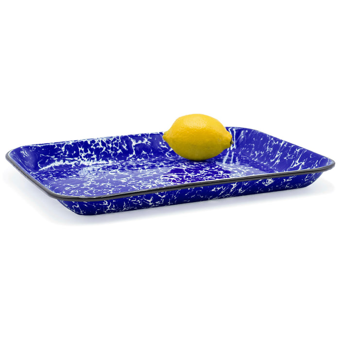 Red Co. 13.5” x 10” Enamelware Metal Classic 1.6-Quart Rectangular Serving Tray, Marble/Black Rim – Splatter Design