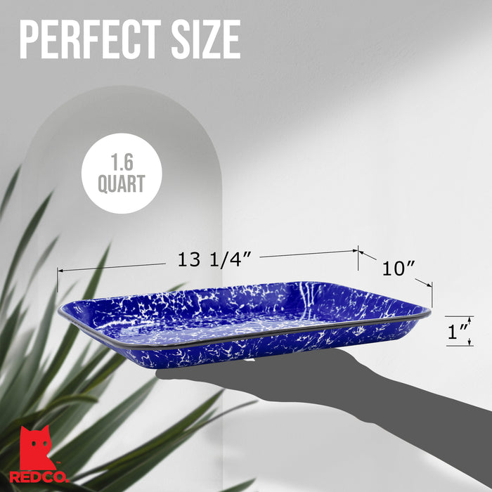 Red Co. 13.5” x 10” Enamelware Metal Classic 1.6-Quart Rectangular Serving Tray, Marble/Black Rim – Splatter Design