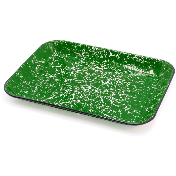 Red Co. 13.5” x 10” Enamelware Metal Classic 1.6-Quart Rectangular Serving Tray, Marble/Black Rim – Splatter Design