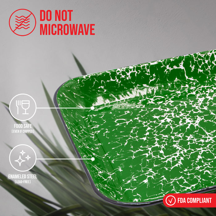 Red Co. 13.5” x 10” Enamelware Metal Classic 1.6-Quart Rectangular Serving Tray, Marble/Black Rim – Splatter Design