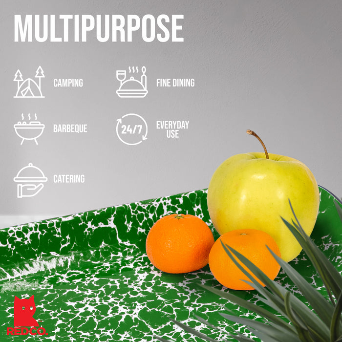 Red Co. 13.5” x 10” Enamelware Metal Classic 1.6-Quart Rectangular Serving Tray, Marble/Black Rim – Splatter Design