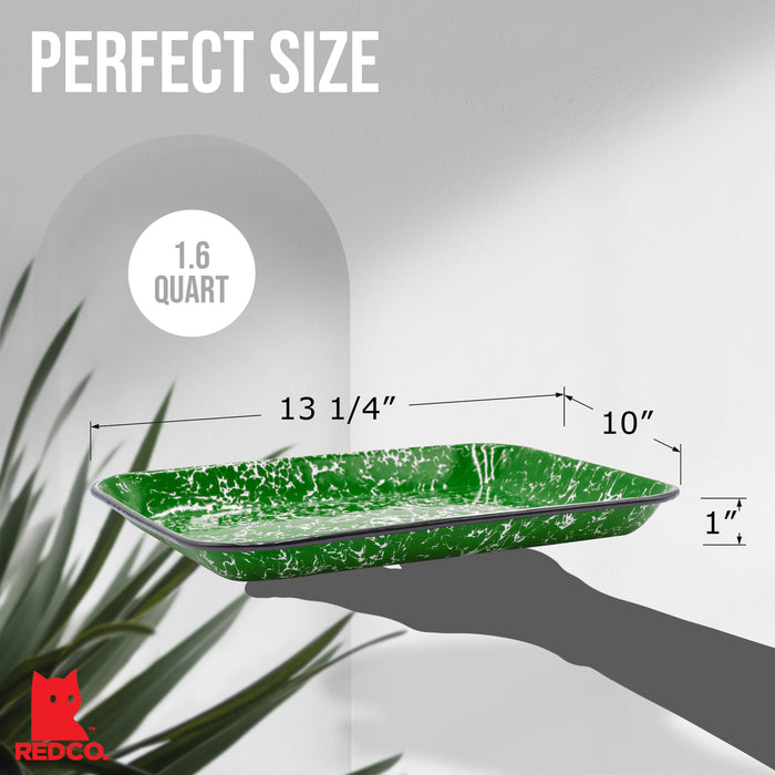 Red Co. 13.5” x 10” Enamelware Metal Classic 1.6-Quart Rectangular Serving Tray, Marble/Black Rim – Splatter Design