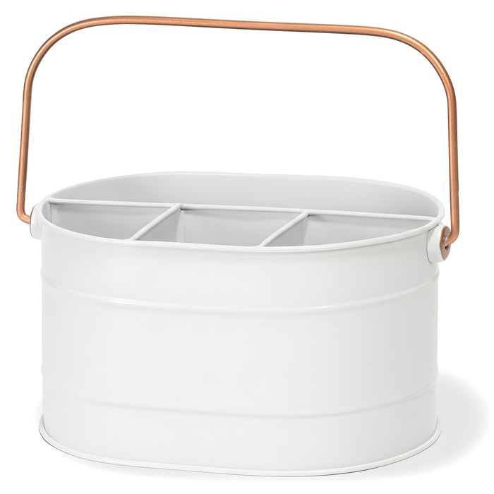 Red Co. 10" x 7" Enameled Metal Utensil Caddy & Countertop Flatware Organizer with Handle, Farmhouse White/Rose Gold