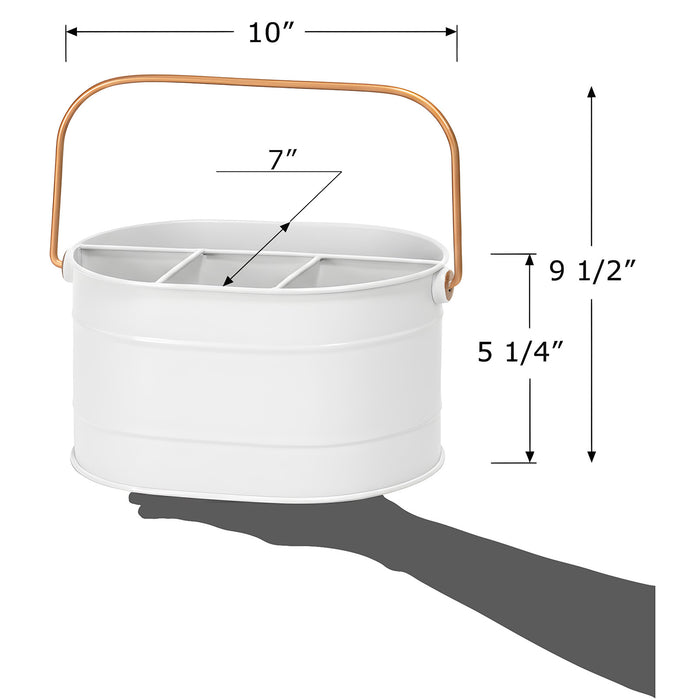 Red Co. 10" x 7" Enameled Metal Utensil Caddy & Countertop Flatware Organizer with Handle, Farmhouse White/Rose Gold