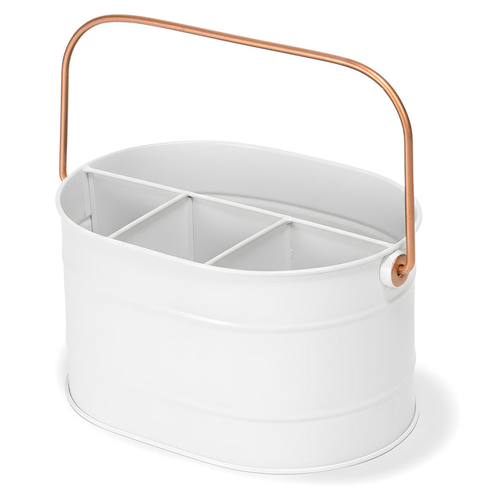 Red Co. 10" x 7" Enameled Metal Utensil Caddy & Countertop Flatware Organizer with Handle, Farmhouse White/Rose Gold