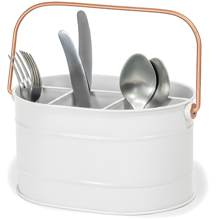 Red Co. 10" x 7" Enameled Metal Utensil Caddy & Countertop Flatware Organizer with Handle, Farmhouse White/Rose Gold