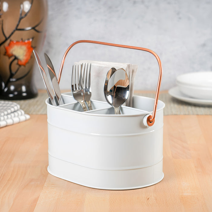 Red Co. 10" x 7" Enameled Metal Utensil Caddy & Countertop Flatware Organizer with Handle, Farmhouse White/Rose Gold