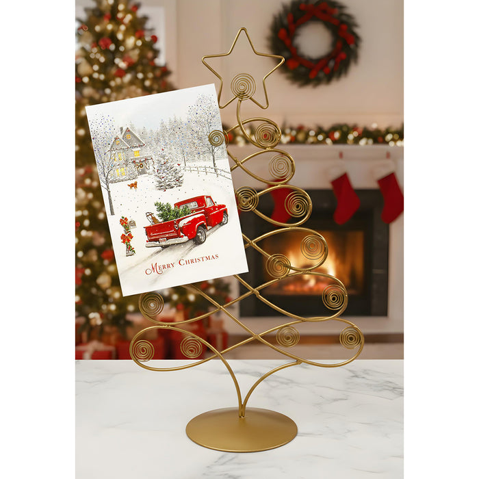 Red Co. 17.5" H Decorative Tabletop Display Christmas Tree Card & Photo Holder Rack in Old Gold Finish