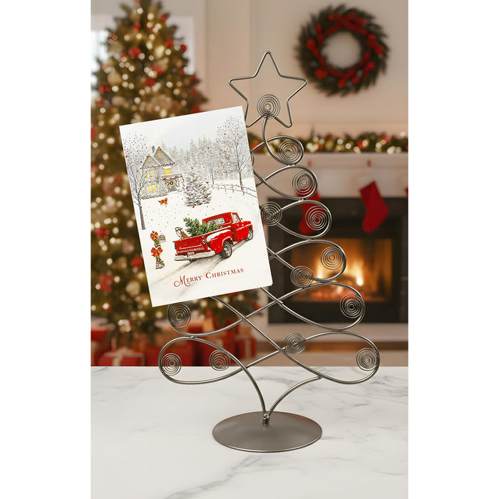 Red Co. 17.5" H Decorative Tabletop Display Christmas Tree Card & Photo Holder Rack in Silver Finish