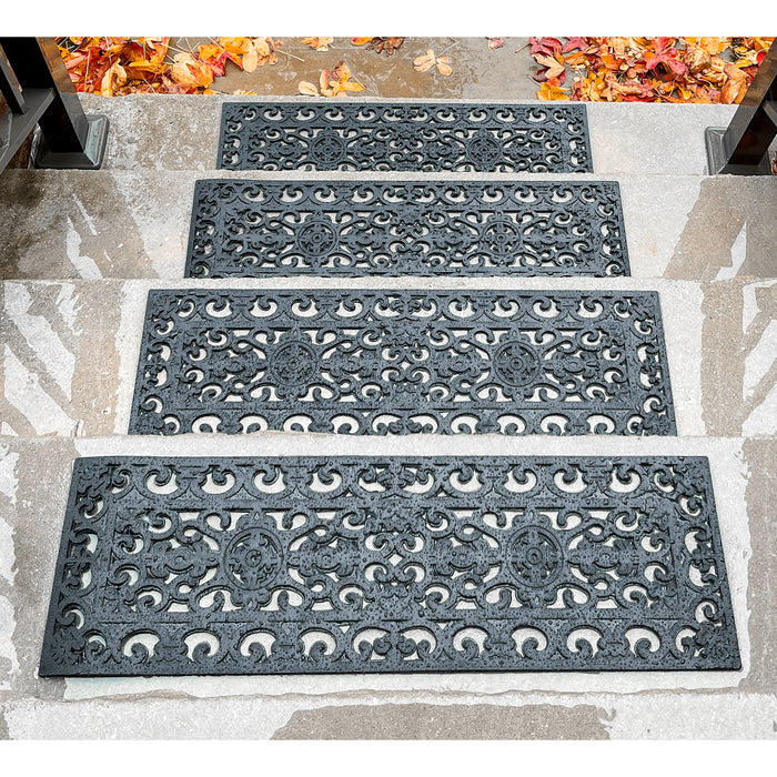 EVERLINEA 4-Pack 10” x 30” Anti-Slip Scroll Rubber Stair Step Tread Mats for Indoor & Outdoor, Black