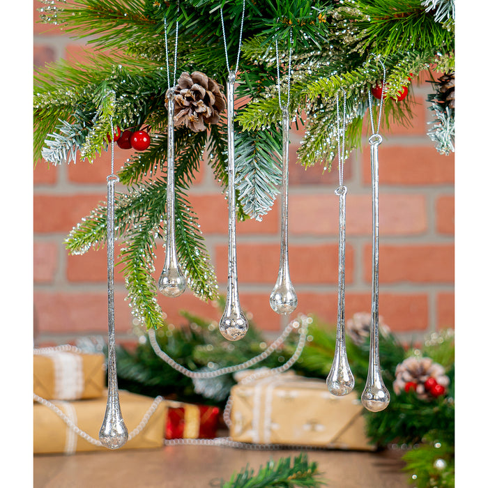 Red Co. 6" and 8" Decorative Glass Icicle Drop Hanging Christmas Tree Ornaments, Holiday Season Décor – Set of 6