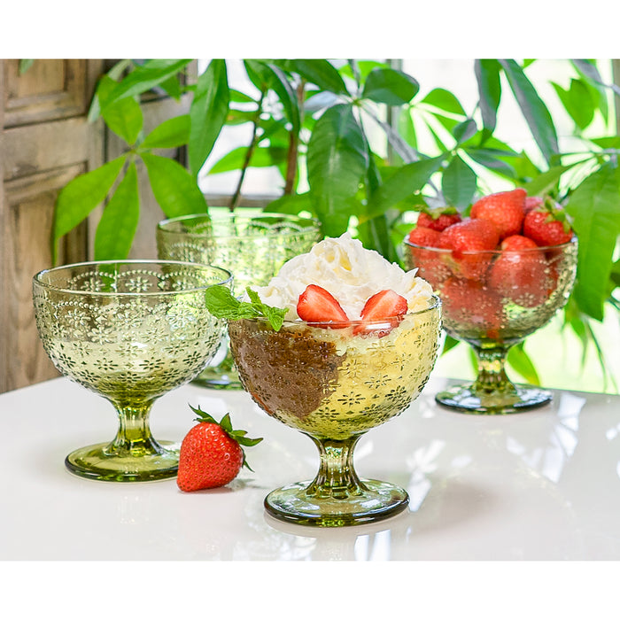 Red Co. Set of 4 Vintage 10.8 Fl Oz Flower Embossed Glass Footed Ice Cream Bowls in Solid Green