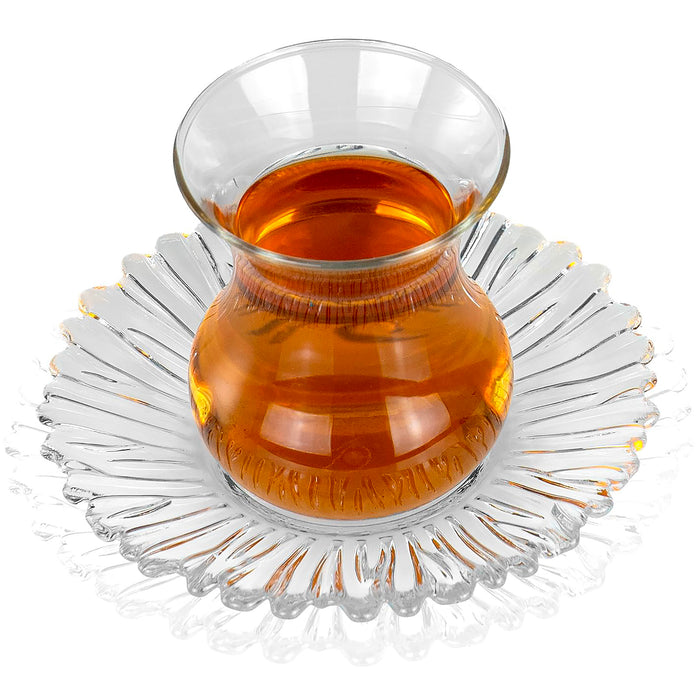 Red Co. Set of 6 Clear Glass 5.25 Fl Oz Tulip Shaped Turkish Tea Cups with Saucers