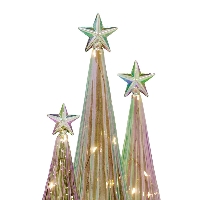 Red Co. 11”, 9.5”, and 8” Iridescent Golden Glass Christmas Tree Figurines with LED Lights, Set of 3