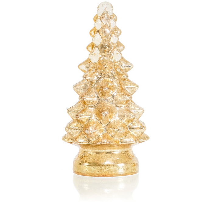 Red Co. 9.75” Light-Up Glass Christmas Tree Tabletop Display Figurine with LED Lights, Mercury Gold