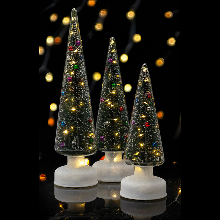Red Co. Set of 3 (14”, 12”, 10”) Clear Glass Light-Up Decorative Tabletop Christmas Tree Holiday Figurine with LED Lights, Tinsel & Ornaments