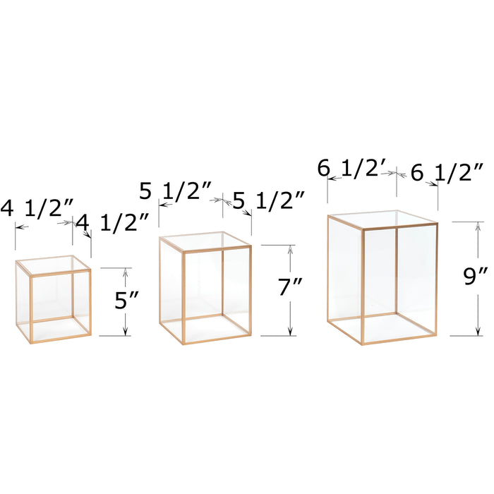 Red Co. Set of 3 (5", 7", 9") Square Clear Acrylic Event Decor Display Pedestal Stands with Golden Rims