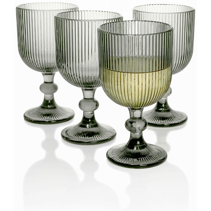 Red Co. Set of 4 Vintage 12 Fl Oz Ribbed Glass Stemmed Water Goblets in Solid Grey