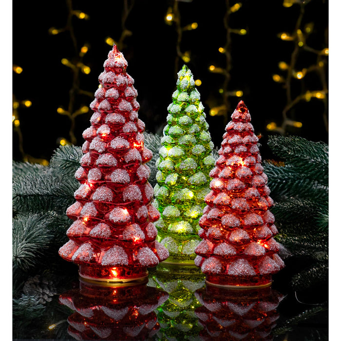 Red Co. Set of 3 (9”, 8”, 7”) Glass Light-Up Decorative Tabletop Christmas Tree Holiday Figurine with LED Lights, Festive Red & Green