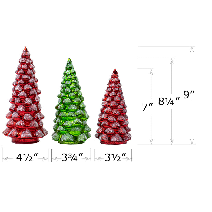 Red Co. Set of 3 (9”, 8”, 7”) Glass Light-Up Decorative Tabletop Christmas Tree Holiday Figurine with LED Lights, Festive Red & Green