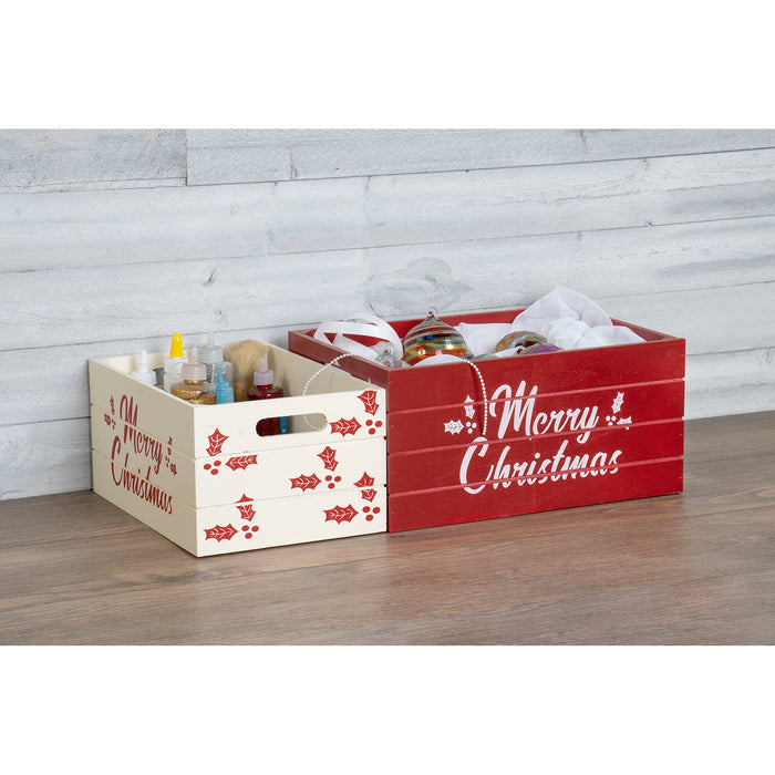 Red Co. Set of 2 Decorative Nesting Wooden Merry Christmas Storage Crate Organizers, Red and White