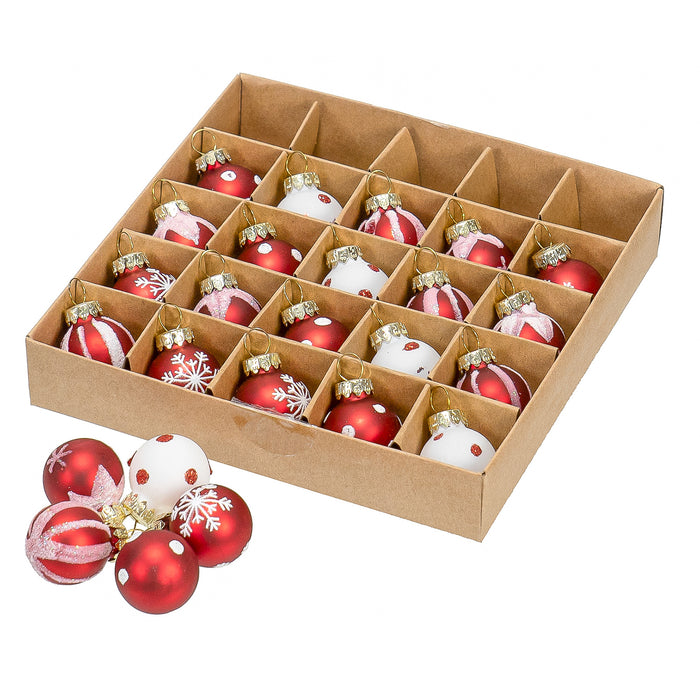 Red Co. Set of 25 Assorted Glittered Glass 1” Round Christmas Tree Mini Ball Ornaments, Red