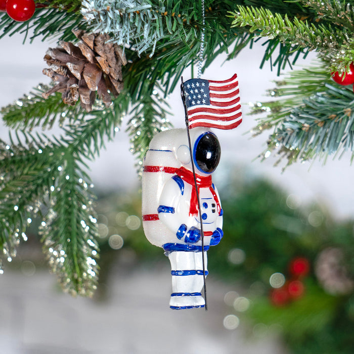 Red Co. 4.75” Small Decorative Glass Hanging Christmas Tree Ornament – Astronaut with American Flag