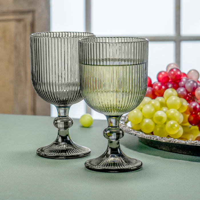 Red Co. Set of 4 Vintage 12 Fl Oz Ribbed Glass Stemmed Water Goblets in Solid Grey