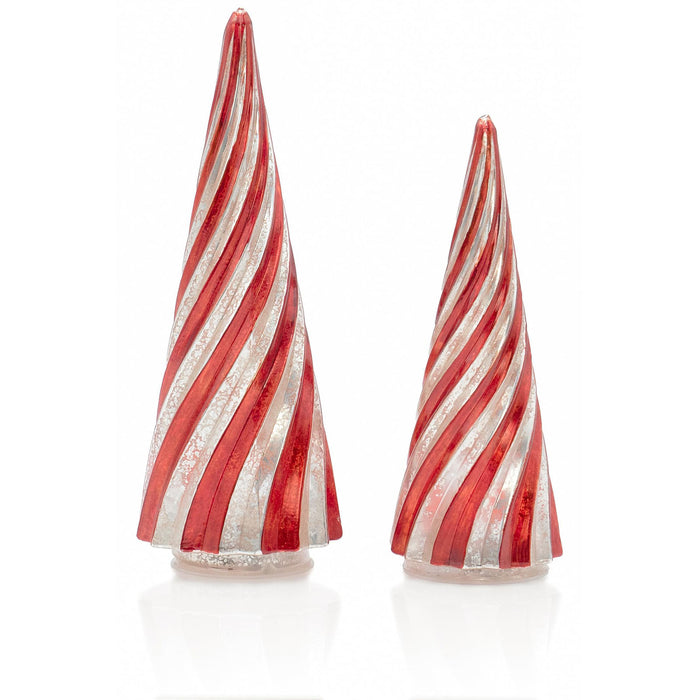 Red Co. Set of 2 (12.5” and 10”) Glass Light-Up Decorative Tabletop Christmas Tree Holiday Figurine with LED Lights, Festive Red & Silver Swirls