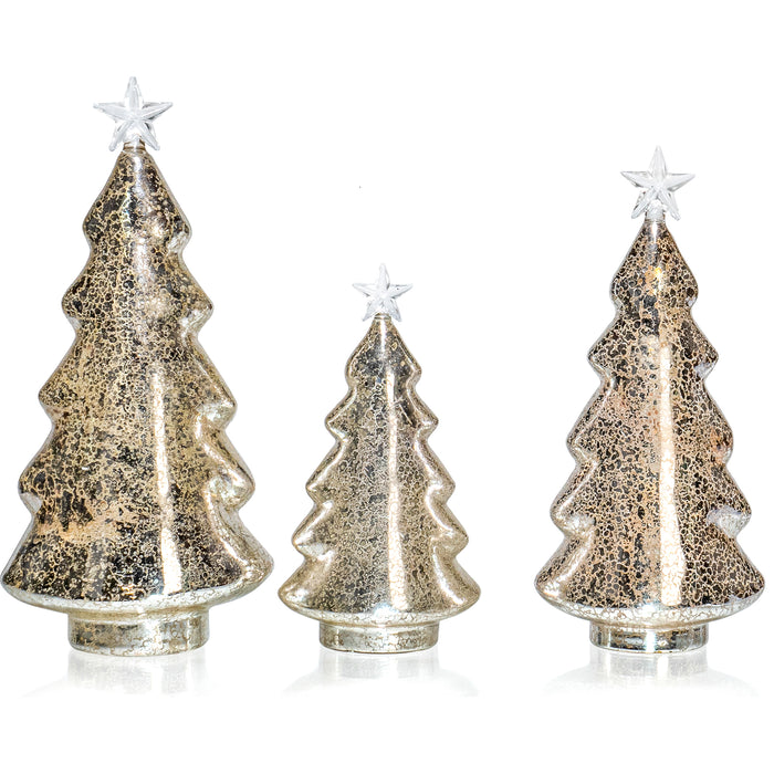 Red Co. 8.5”, 11”, 12.5” Light-Up Clear Glass Christmas Tree Tabletop Display Figurine Set of 3 Sizes, Mercury Gold