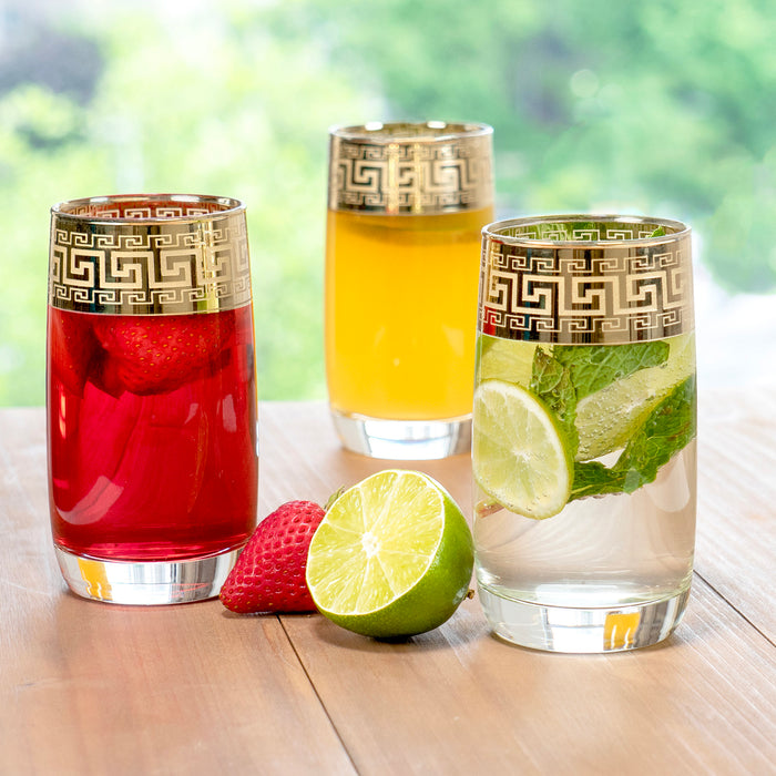 Red Co. Set of 6 Clear Glass 11 Fl Oz Beverage Highball Tumblers with Golden Greek Key Trim