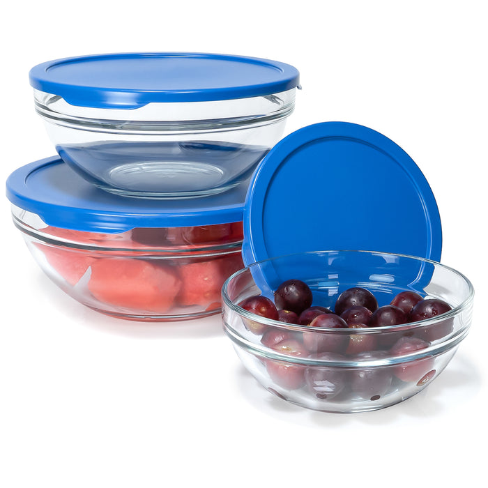 Red Co. Set of 3 Round Glass Food Storage Bowl Containers with Blue Lids – 7-Cup, 4.75-Cup, 2.5-Cup