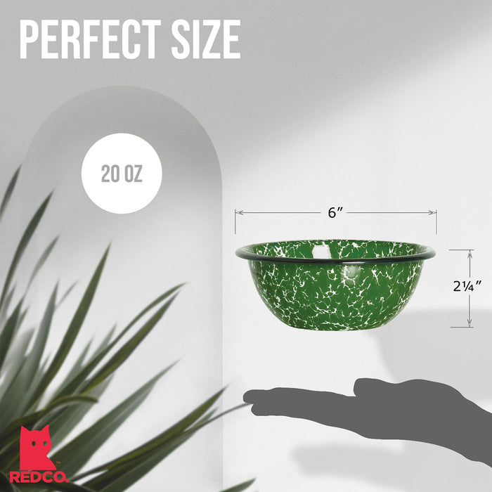 Red Co. Set of 4 Enamelware Metal Classic 20 oz Round Cereal Bowl, Dark Green Marble/Black Rim - Splatter Design