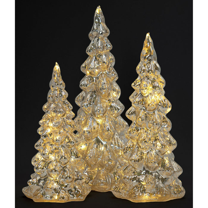 Red Co. Set of 3 (12”, 10”, 8”) Glass Light-Up Decorative Tabletop Christmas Tree Holiday Figurine with LED Lights, Mercury Silver