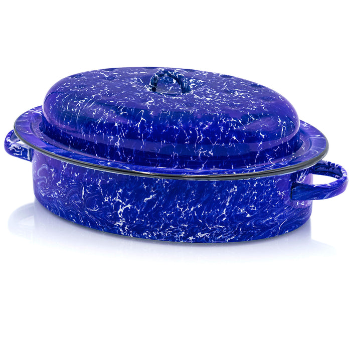 Red Co. Enamelware Metal Classic 3.6 Quart 12" Roasting Pan with Dome Lid, Navy Blue Marble/Black Rim - Splatter Design